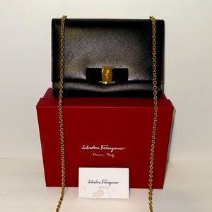 Salvatore Ferragamo Blk Small Evening Bag w Bow/Gold Chain!